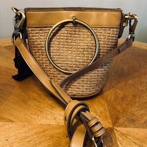 NWT Ella Jae Bucket Shoulder Bag Straw and vegan leather with brass ring handles